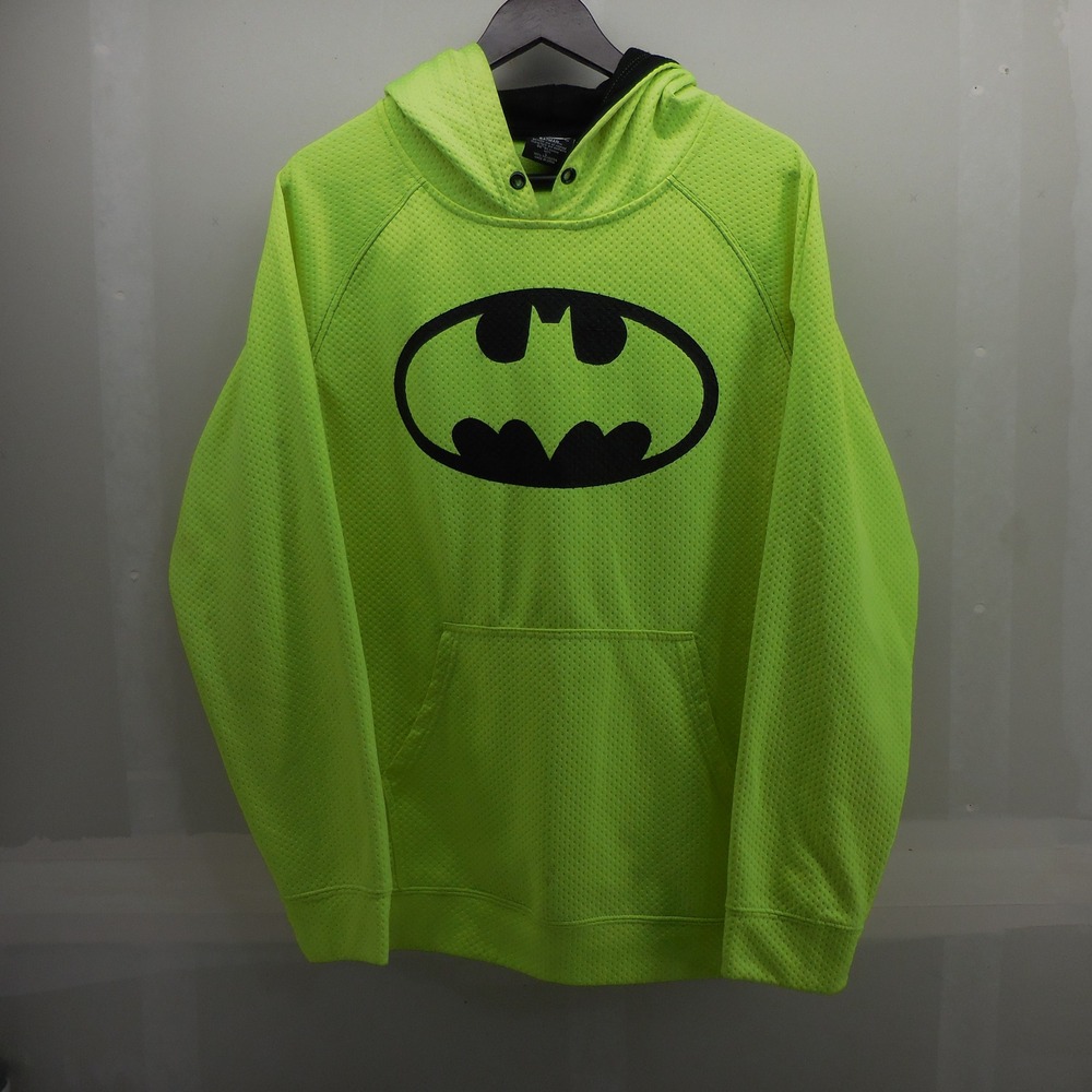 Batman Neon Lime Green Mesh Fleece Hoodie DC Comics Bat Signal Logo Mens Large